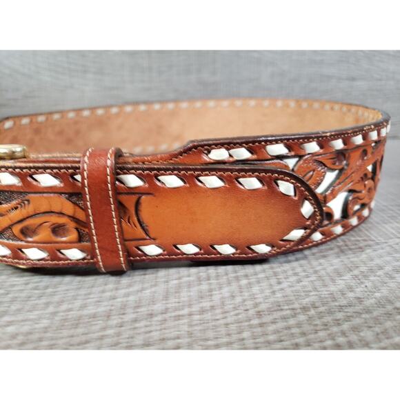 Vintage TONY LAMA Hand Tooled "PAT" LEATHER BELT - SIZE 28 - Made in USA - Picture 11 of 14